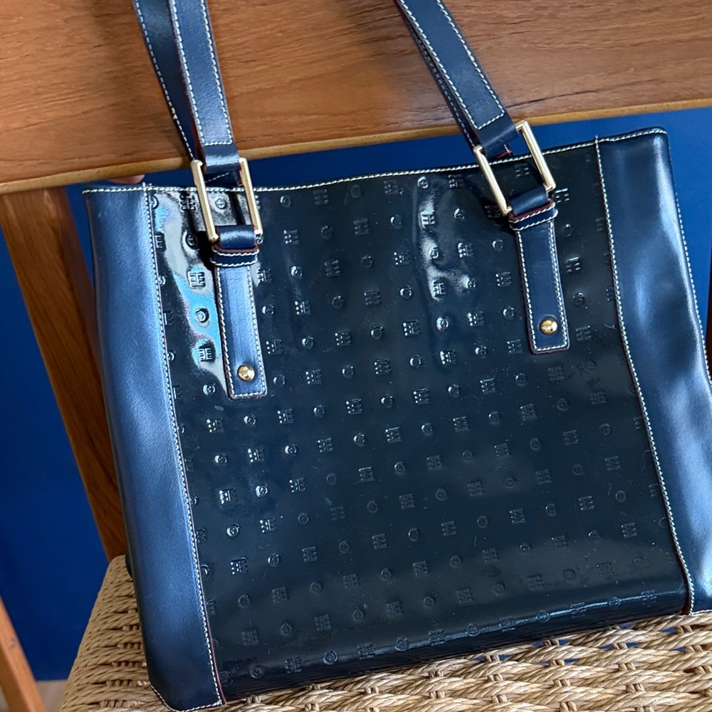 Arcadia Patent Leather Navy Blue Tote Bag with Silver Hardware